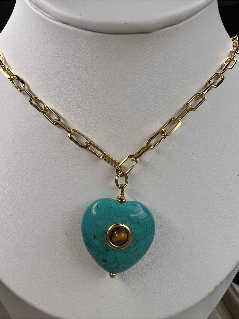 Paperclip Turquoise and Tiger Eye Heart 24K Gold Plated Necklace NWOT